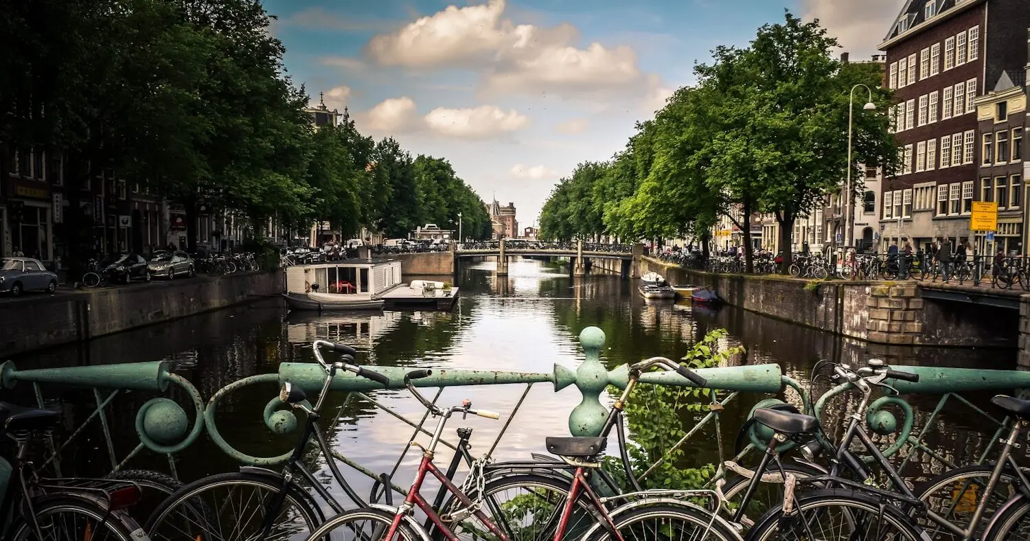 Bicycles parked along an Amsterdam canal